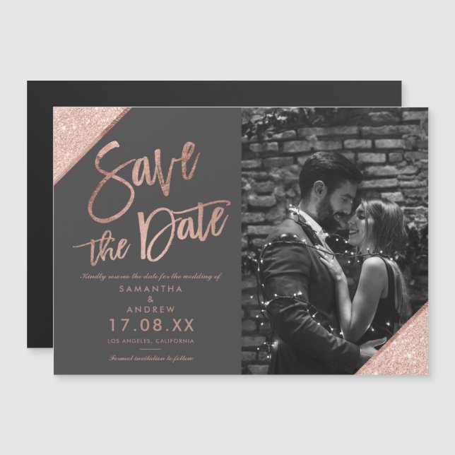 Rosa dourado script de brilho cinza foto salvar da (Frente/Verso)