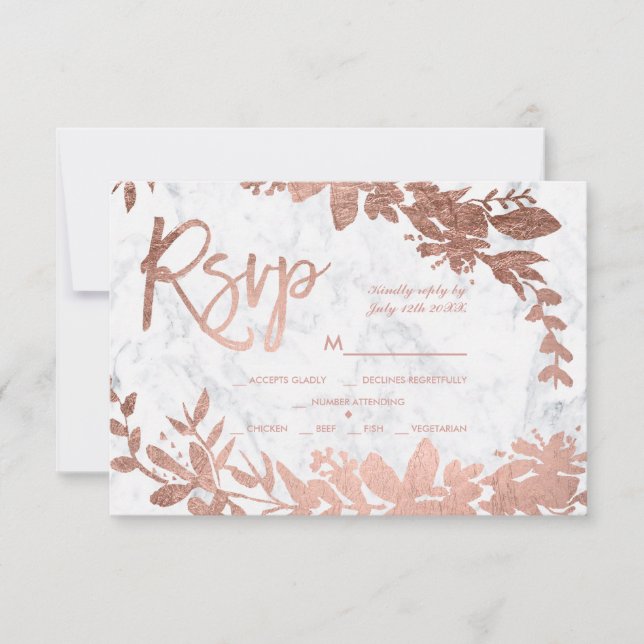 Rosa Dourado script floral branco mármore rsvp cas (Frente)