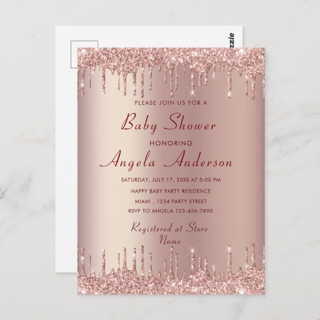 Rosa Dourado Seu Cartão De Convite Para Chás de fr (Frente/Verso)