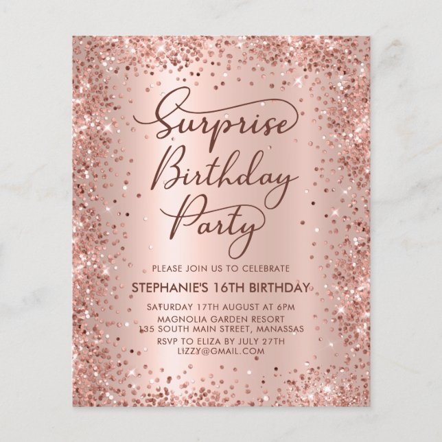 Rosa Dourado Shhh Surprise Sweet 16 Birthday Invit (Frente)