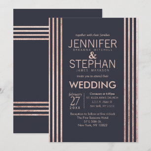 Rosa Dourado Stripes e Marinho Blue Weding Convite