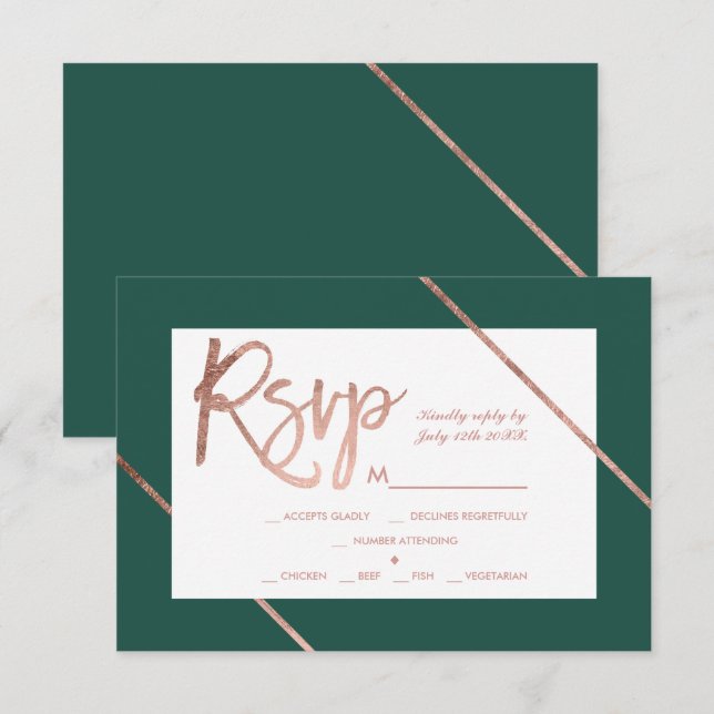 Rosa dourado tipografia stripe verde rsvp casament (Frente/Verso)