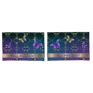Rosa e Borboleta Azul Roxo Pillowcase