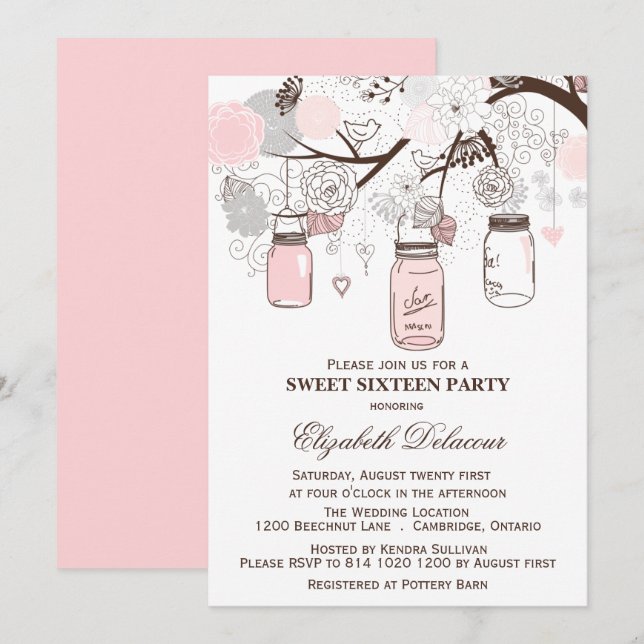 Rosa e Cinza Mason Jars Sweet Sessenta Convite (Frente/Verso)