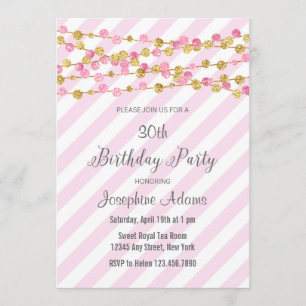 Rosa e convite Dourado do aniversário do brilho