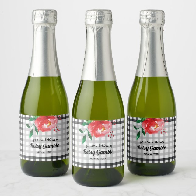 Rosa em Mini Vinho Espumante Xadrez Preto e Branco (Garrafas)
