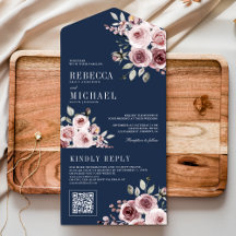Rosa Empoeirado Floral Azul Marinho Código QR Casa