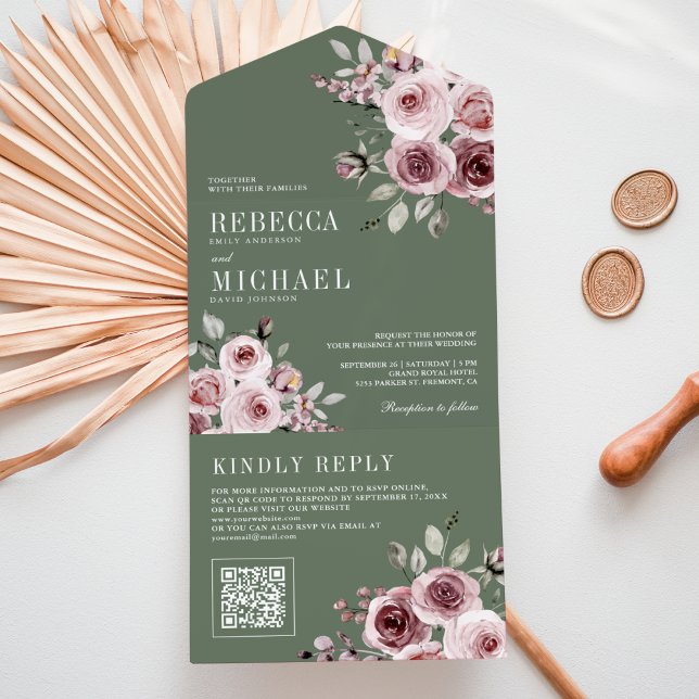 Rosa Empoeirado Floral Código QR Verde Salvia Casa (Criador carregado)