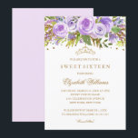 Rosa Floral Dourado Roxo Doce 16 Convite<br><div class="desc">Mais elegantes convites florais na Loja Little Bayleigh!</div>