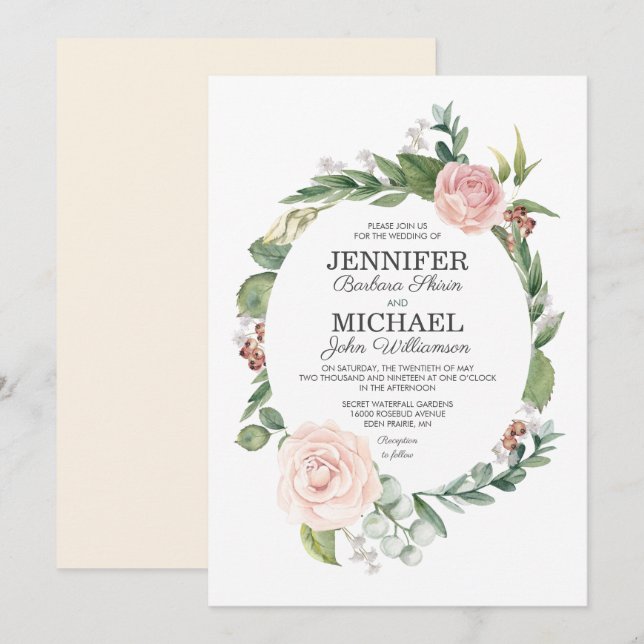Rosa Floral e Greenery Wreath Convite para Casamen (Frente/Verso)