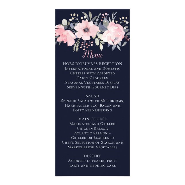Rosa Floral em Azul Marinho Casamento | Menu (Frente)
