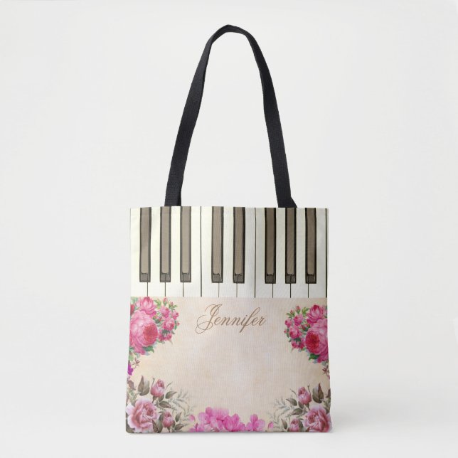 Rosa Floral Piano Music Tote Bags (Frente)