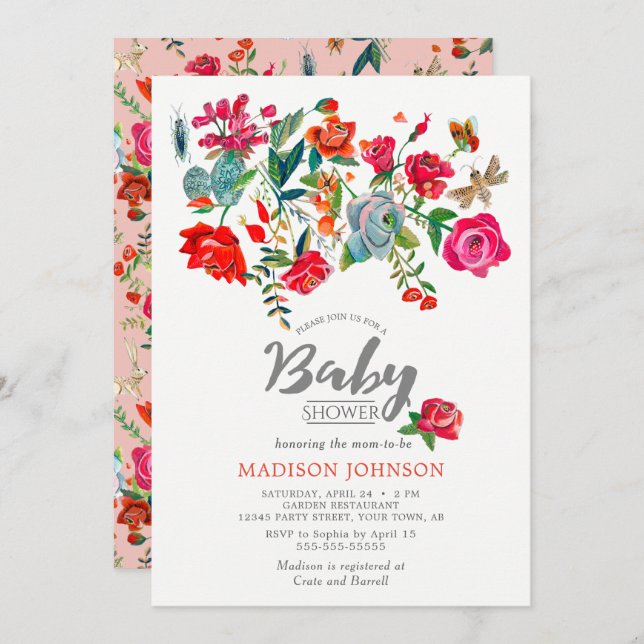 Rosa Garden | rosa | CHÁ DE FRALDAS | Convites (Frente/Verso)