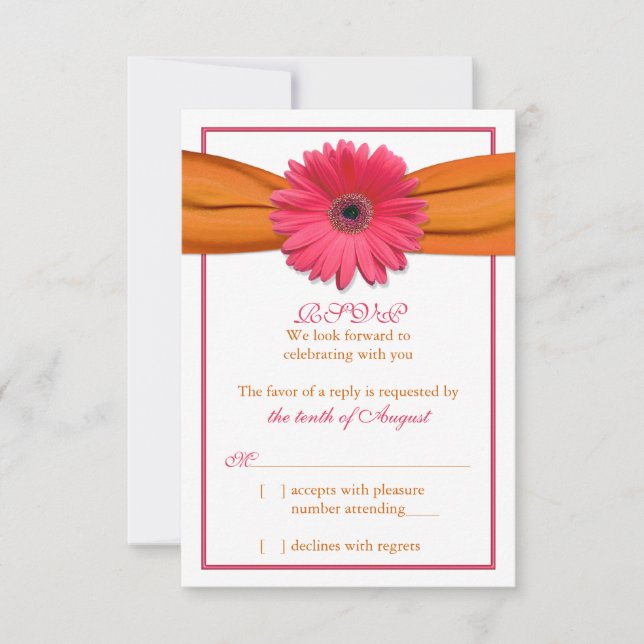 Rosa Gerber Daisy Fita Laranja Casamento RSVP Resp (Frente)