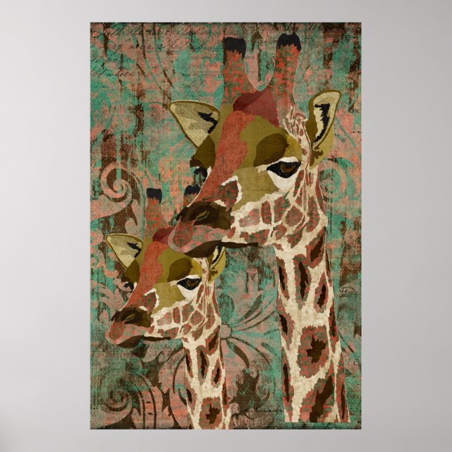 Rosa Giraffes Damask Art Poster (Frente)