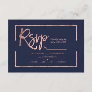 Rosa gold frame script marinho casamento rsvp azul