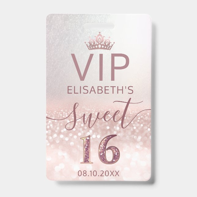 Rosa gold glitter ombre script Sweet 16 VIP Crachá (Frente)