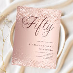 Rosa gold script Budget 50º convite para aniversár<br><div class="desc">Um convite moderno e na moda para uma festa de aniversário 50ª. Decorado com confete. fundo de gradiente rosa dourado e a palavra Cinquenta escrita com letras elegantes de letras grandes em ouro rosa escuro. Personalize e adicione um nome e detalhes da parte. 1 folha = 1 convite impresso de...</div>
