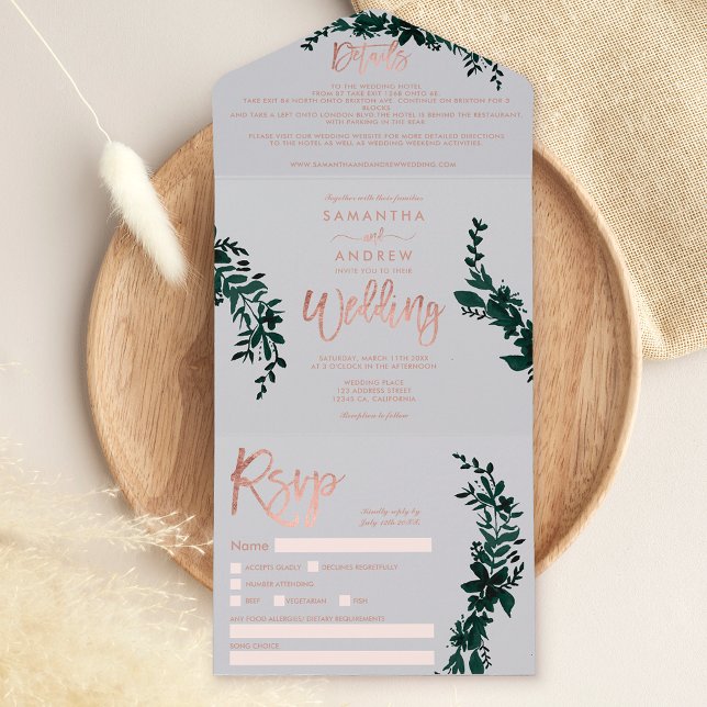 Rosa gold script Floral cinza elegante casamento (Criador carregado)