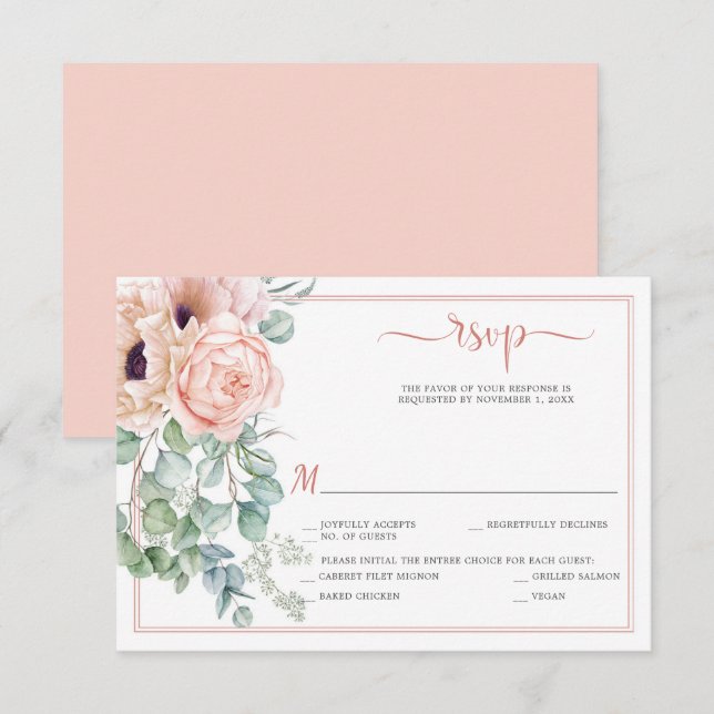 Rosa Marfim com Florais em Aquarela RSVP (Frente/Verso)