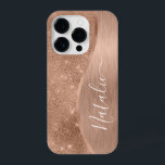 Rosa Metálico - Largura Dourada Personalizada<br><div class="desc">Personalize facilmente este rosa dourado com metal escovado e capa de telefone brilhante com padrão de brilho com seu próprio nome personalizado.</div>