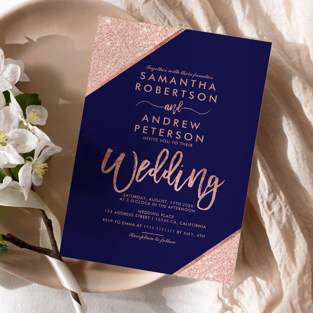 Rosa ouro brilhante marinho azul orçamento casamen (Rose gold glitter typography navy blue wedding invitation)