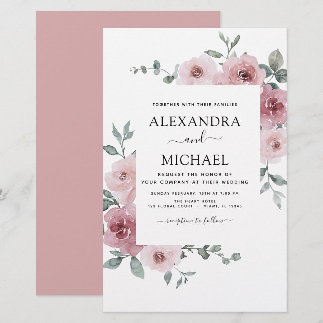 Rosa Pink Floral Greenery Casado (Frente/Verso)