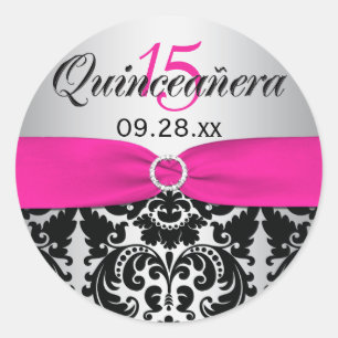 Rosa, prata, etiqueta preta de Quinceanera do