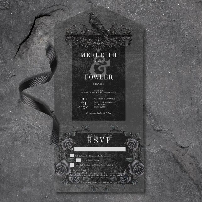 Rosa preto Gótico sem Janto sem detalhes (Gothic Black Raven Black Rose No Dinner w/ Details All In One Invitation)