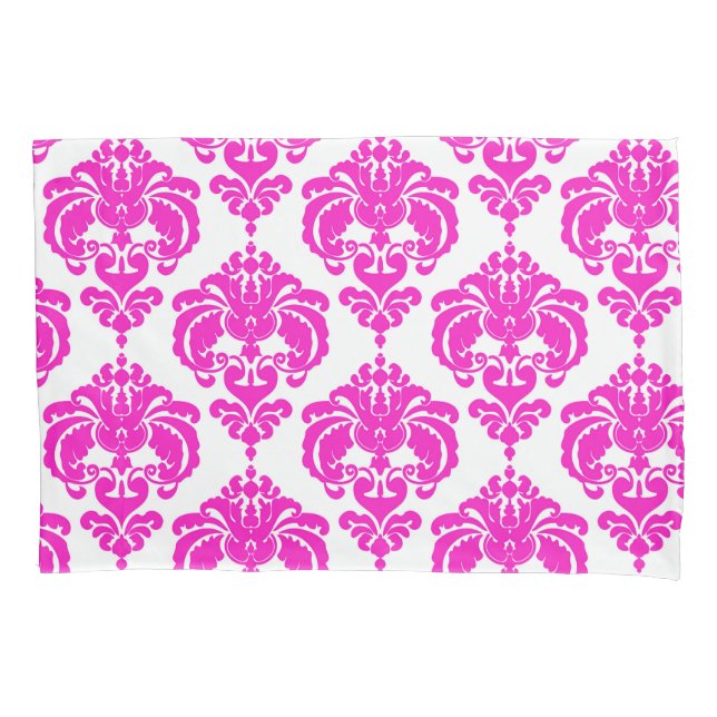Rosa Quente & Branco Elegante Chic Padrão Damask (Frente)