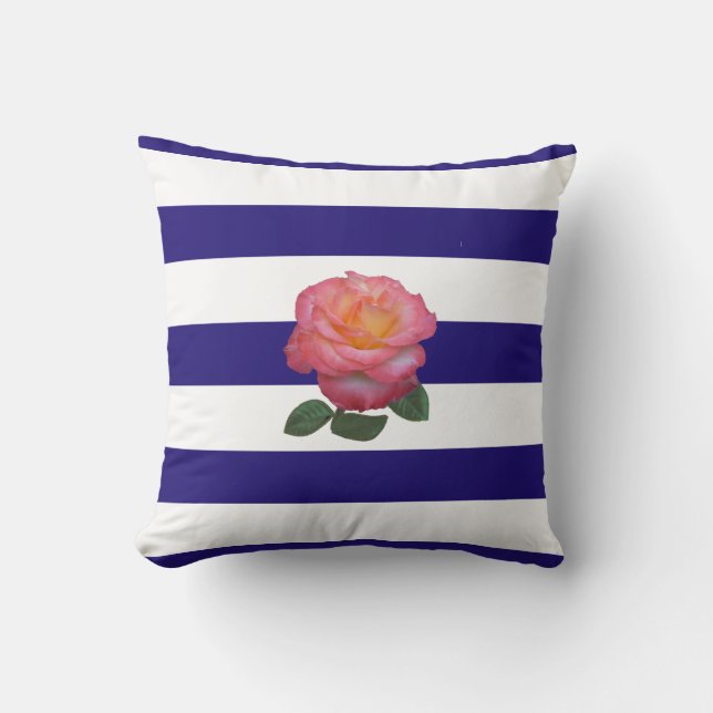 Rosa Rosa em Almofada de Arremesso Listrada Azul-N (Frente)