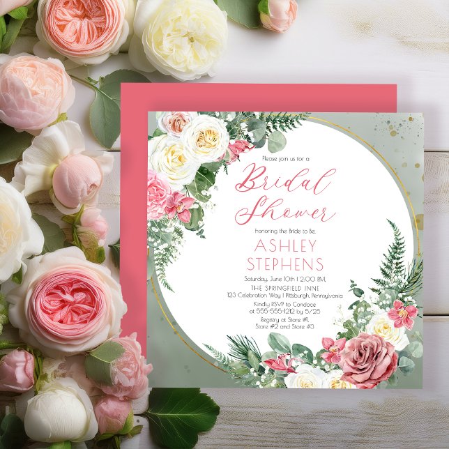 Rosa Rosa Rosa Elegante | Convite Dourado para Chá (Elegant Pink Rose and Gold Tone Frame Bridal Shower Invitation - Print | Digital Download)