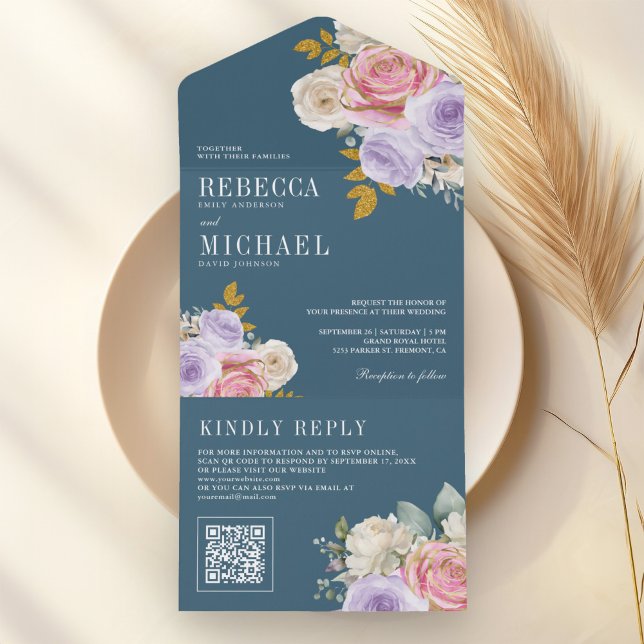 Rosa Roxo Flor QR Code Azul Empoeirado Casamento (Criador carregado)