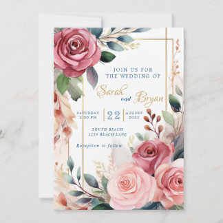 Rosa Verde-Floral Rosa Boho Convite para Casamento