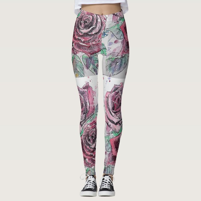 Rosa vermelha Aquarela Flor Vermelho Leggings Flor (Frente)