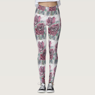 Rosa vermelha Aquarela Flor Vermelho Leggings Flor