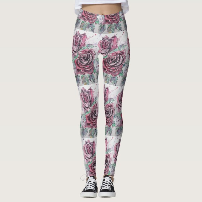 Rosa vermelha Aquarela Flor Vermelho Leggings Flor (Frente)