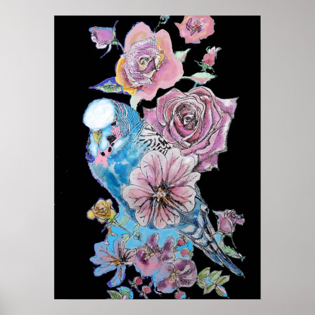 Rosa vermelha Azul  Black Watercolor art Poster (Frente)