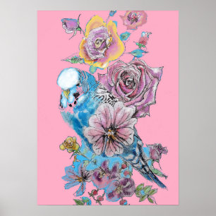 Rosa vermelha Azul Poster Cor de Água Rosa