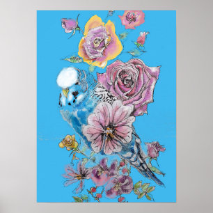 Rosa vermelha Azul Poster Pastel Watercolor