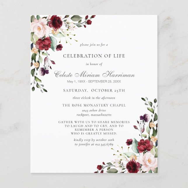 Rosa vermelha Borgonha Funeral Orçamental Convite  (Frente)