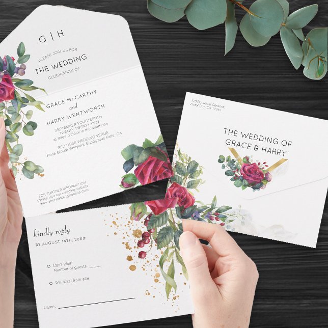 Rosa vermelha e Casamento Eucalyptus (Romantic wedding invitation with tear-off RSVP card - Red Rose and Eucalyptus Wedding Collection)