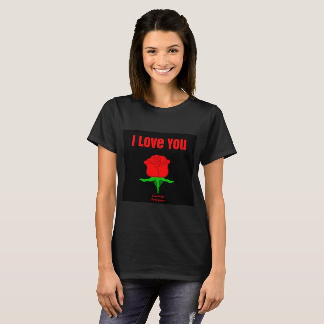 Rosa vermelha Eu te amo a camisa negra das mulhere (Frente Completa)