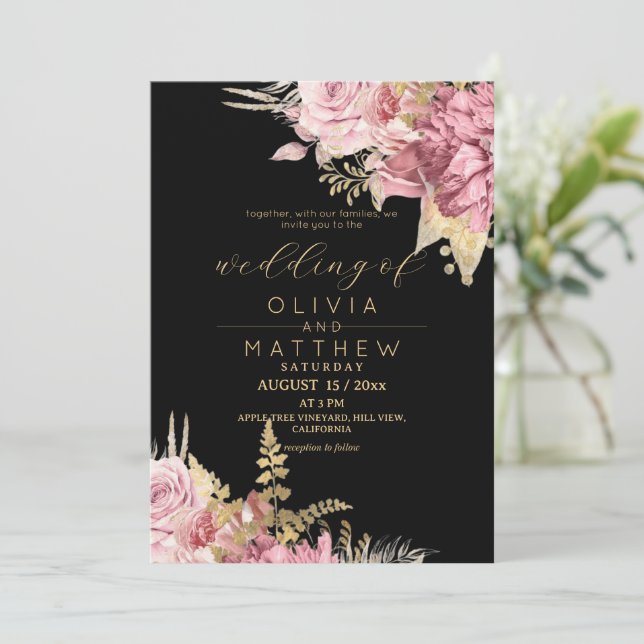  Rosa Vermelha Preto ⎮ Floral Dourado Convite de C (Em pé/Frente)