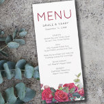 Rosa vermelha Watercolor Wedding Menu<br><div class="desc">Menu Casamento rosa vermelha com simples tipografia moderna e design floral romântico. O modelo está configurado para personalizar com o menu definido ou opções de refeição. Lindo e rico tema botânico com borda aquarela de rosas vermelhas, folhas de eucalipto e verde. Se você quiser esta design para os produtos correspondentes,...</div>