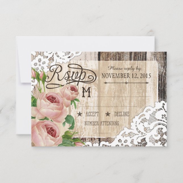 Rosa Wood e Lace Rustic RSVP Card (Frente)
