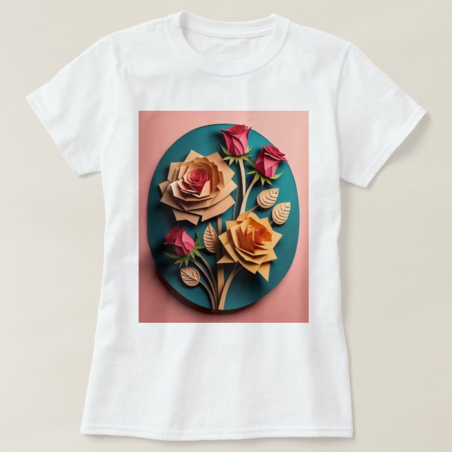 Rosas 3D Paper Art Design T-shirt (Frente do Design)