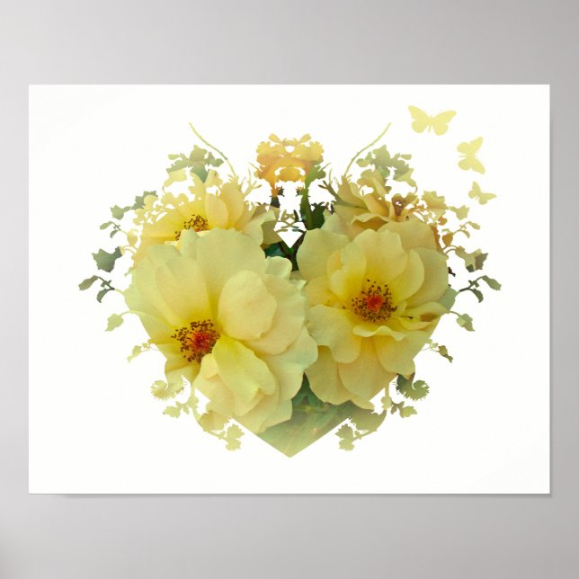 Rosas Amarelas Coração em Poster Branco (Frente)