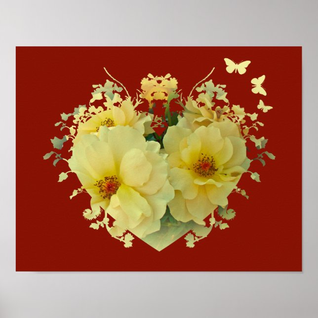 Rosas Amarelas Coração em Poster Vermelho (Frente)