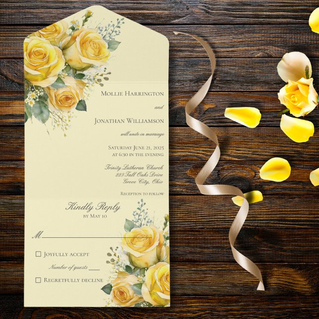 Rosas Amarelas Todas em Um Convite de casamento (Also available with QR code. )